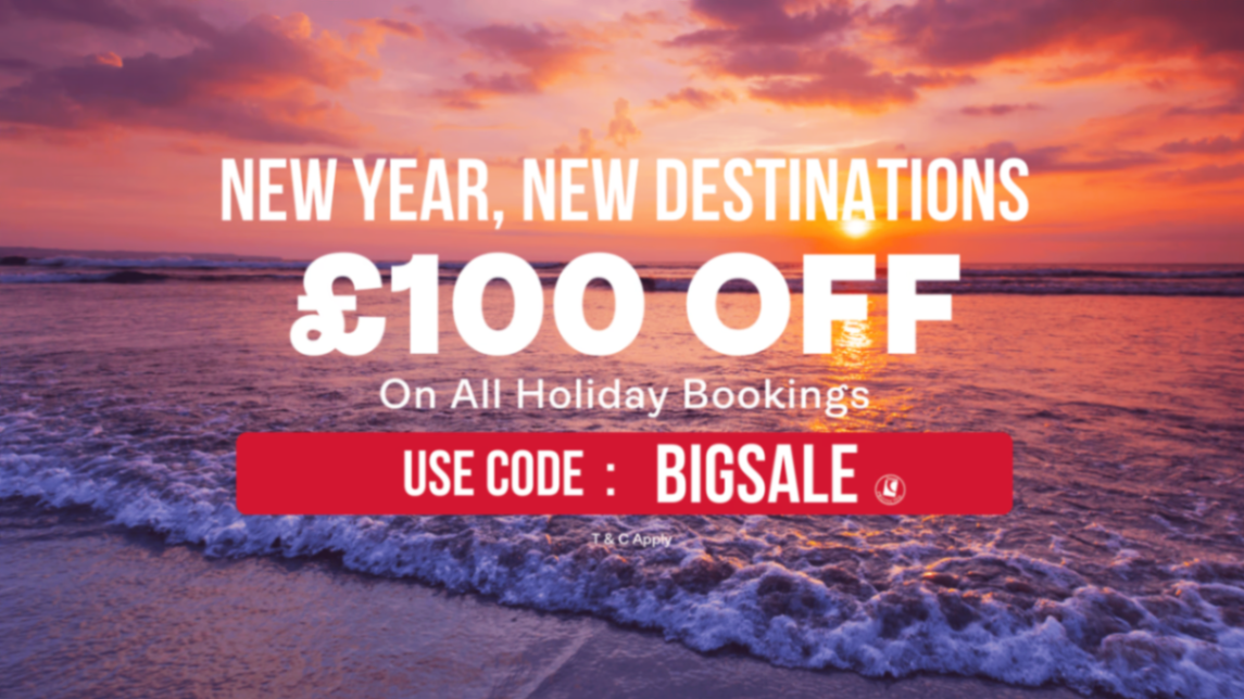 a new year sales poster offering 100 pounds off on holidays